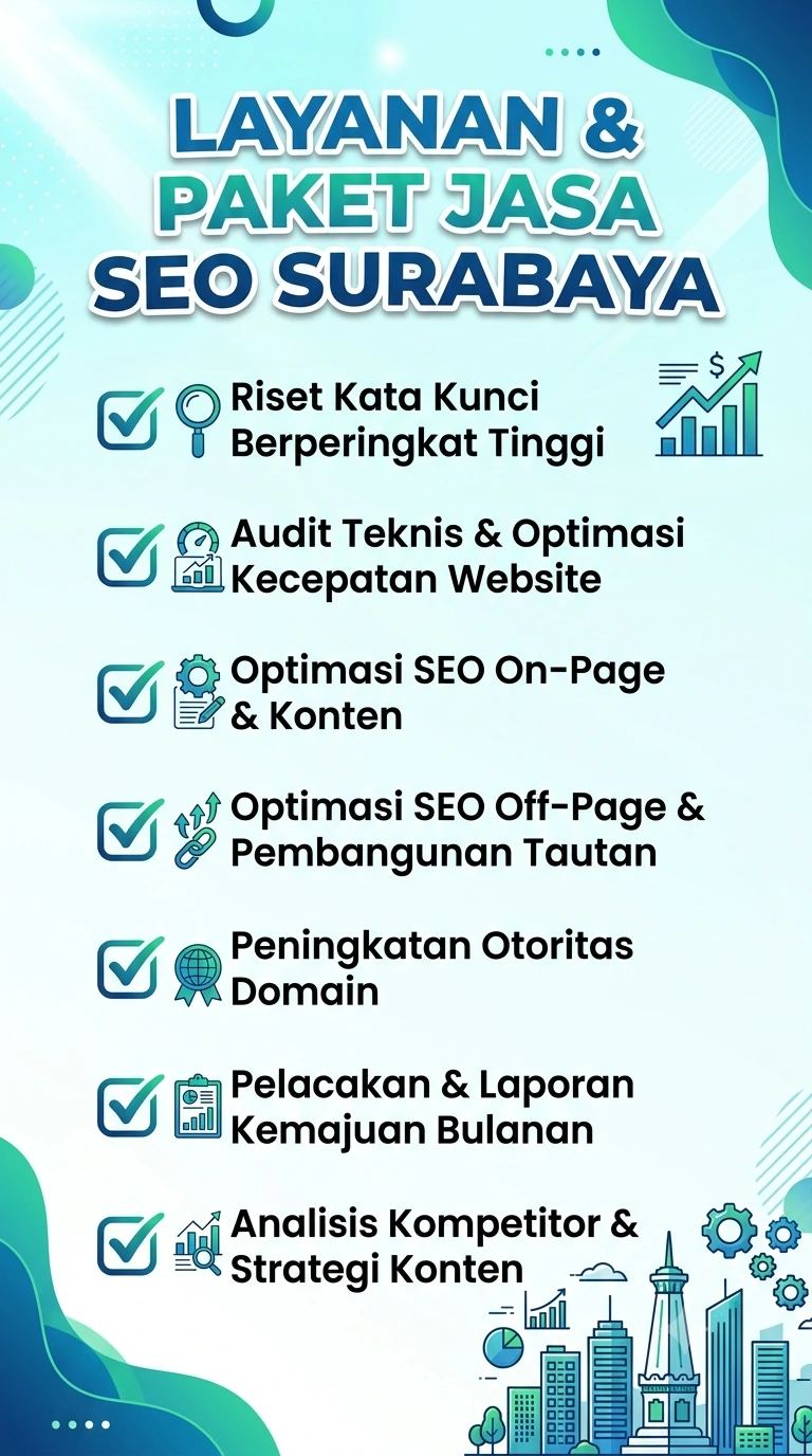 Layanan & Paket Jasa SEO Surabaya: riset kata kunci, audit teknis & kecepatan website, optimasi on-page & konten, off-page & pembangunan tautan, peningkatan otoritas domain, laporan bulanan, dan analisis kompetitor